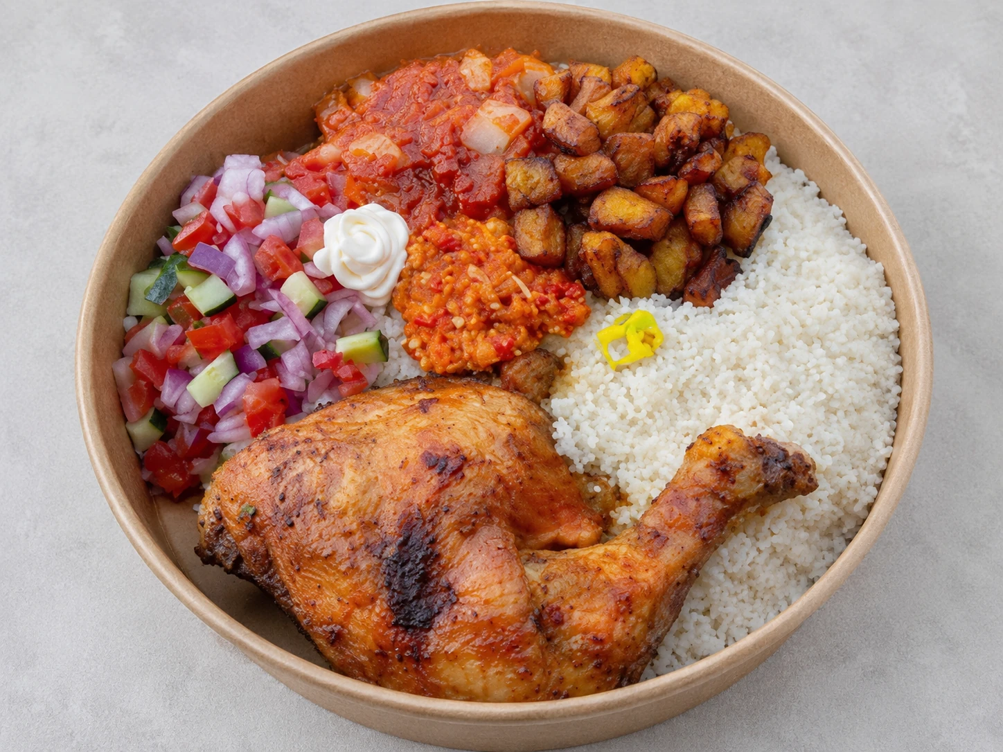 Moxies Acheke special-order bowl with chicken, salad, fried plantain, stew and pepper sauce
